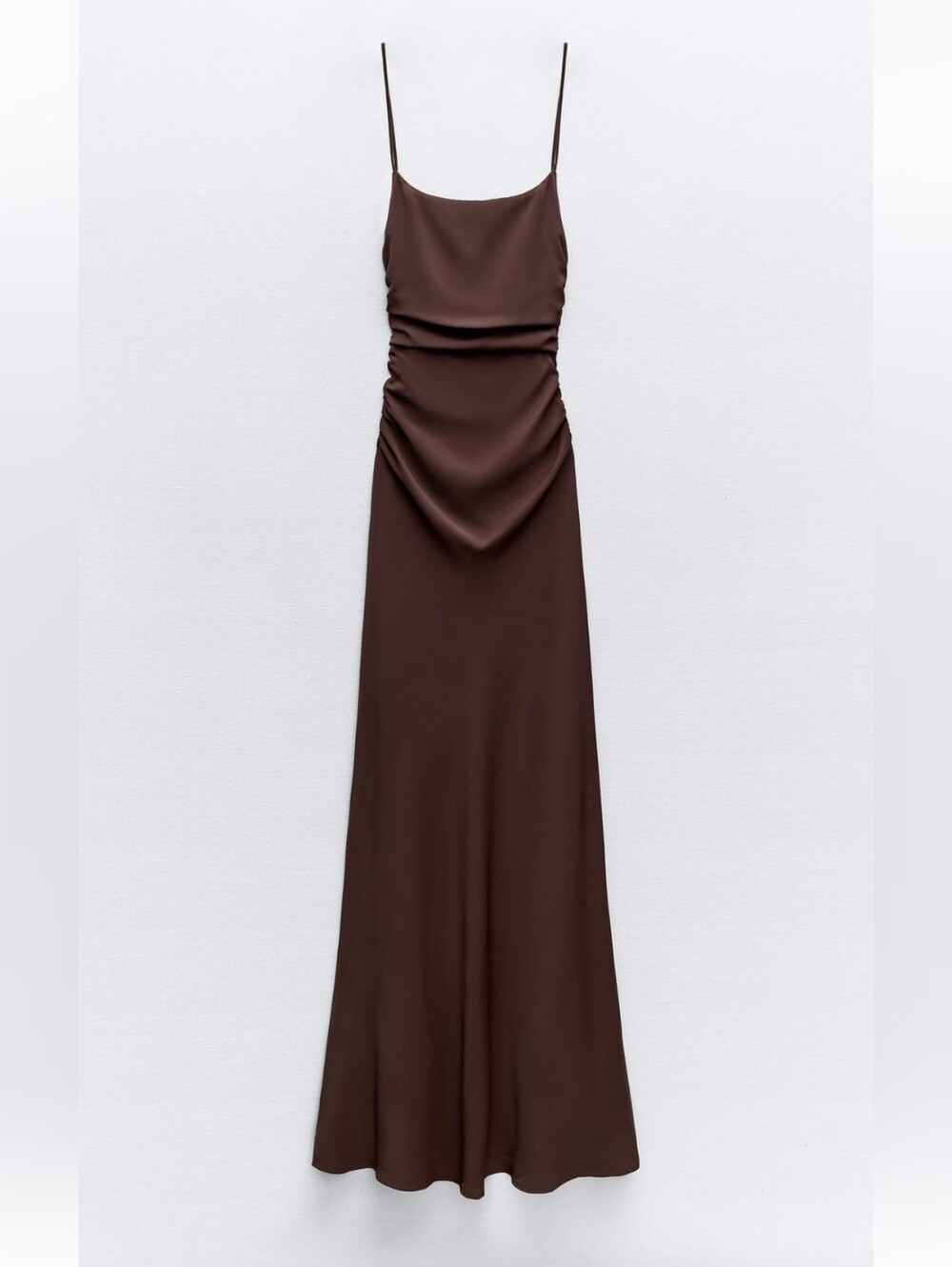 Zara Chocolate Brown Satin Ruched Maxi Slip Dress